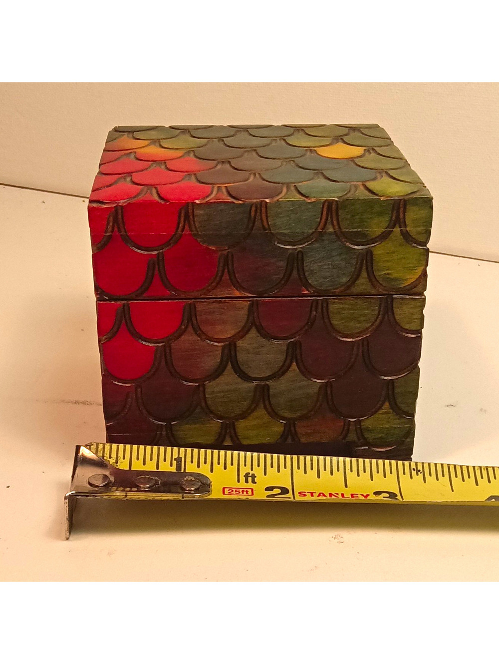VTG Polish Hand Carved Wooden Trinket Box Fish Scale Multi Color Poland